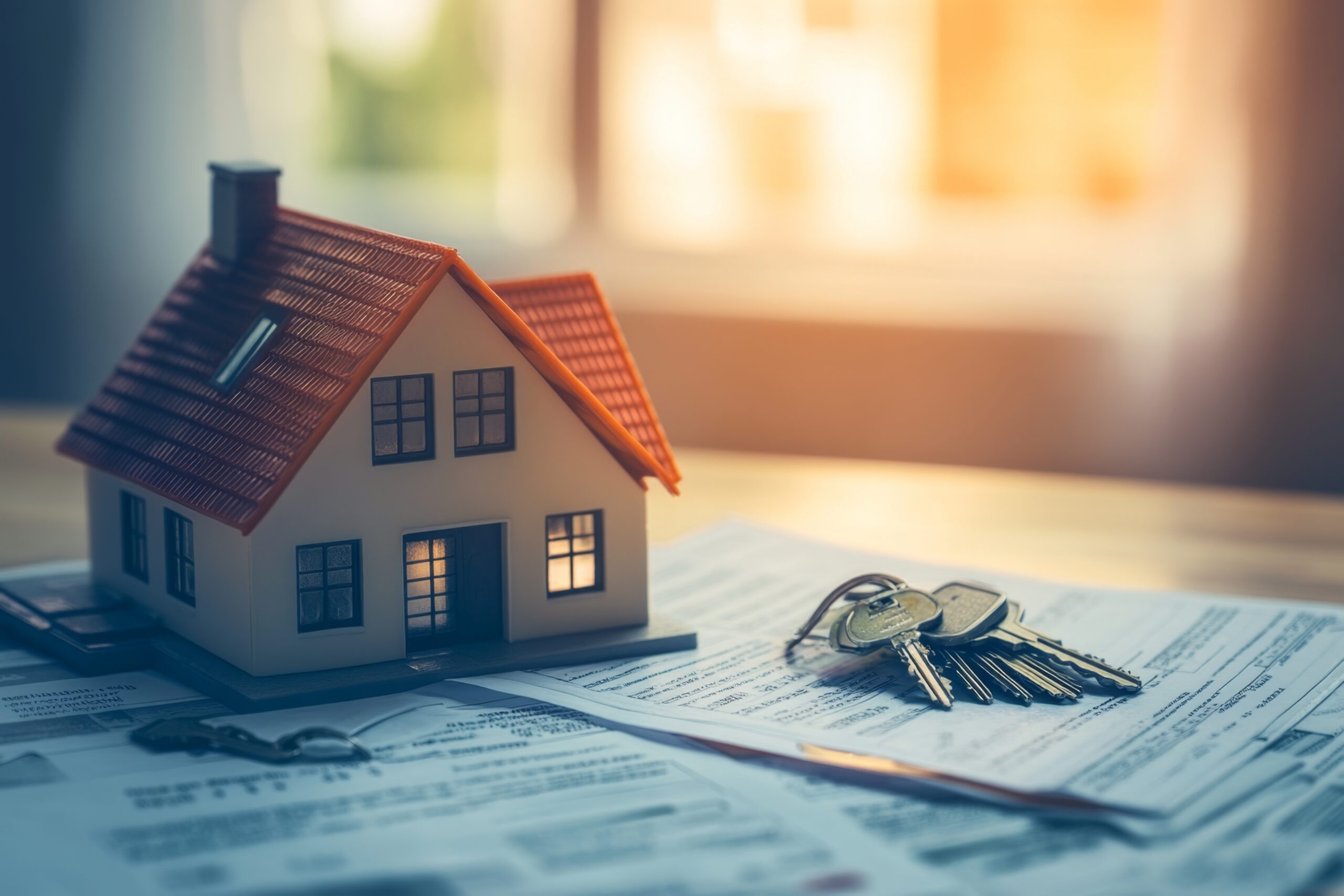 House model sitting on documents with keys illustrating real estate investment